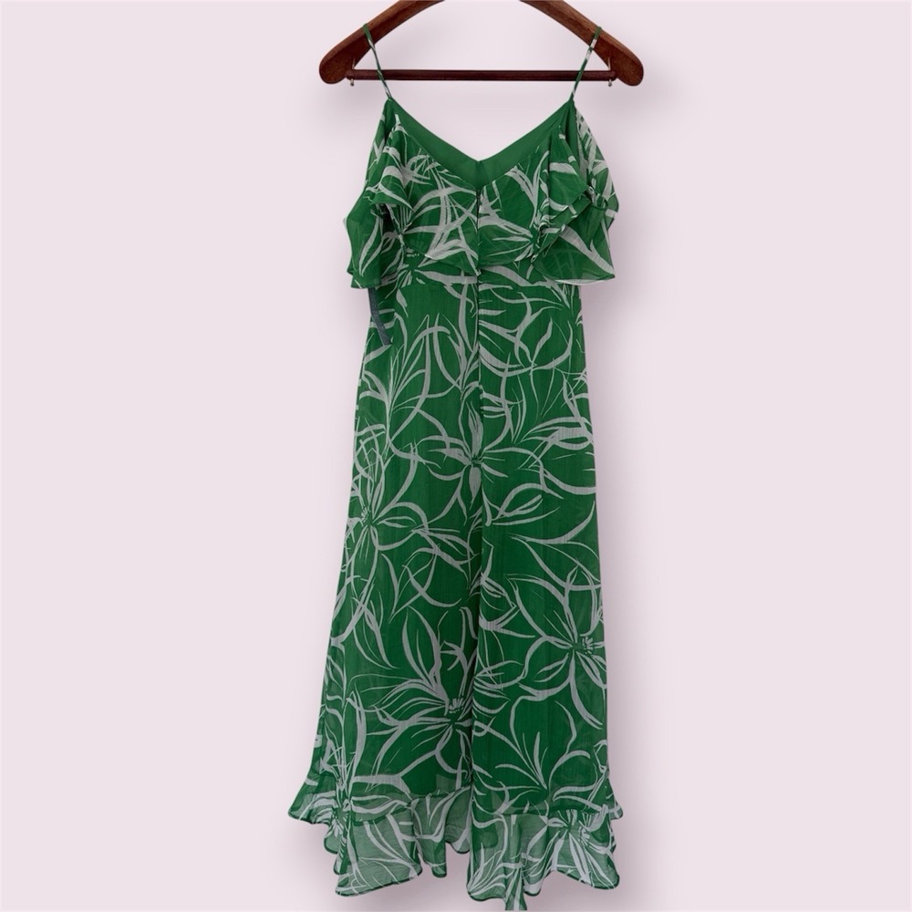 London Times Green White Abstract V-Neck Chiffon Ruffle Midi Slip Dress Size 10P - Picture 4 of 8